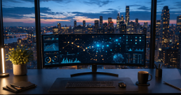 Modern desk with AI dashboard and city skyline representing the service business guide to AI in 2026
