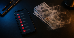 Smartphone showing missed call notifications next to fading cash on dark desk representing missed calls cost service business